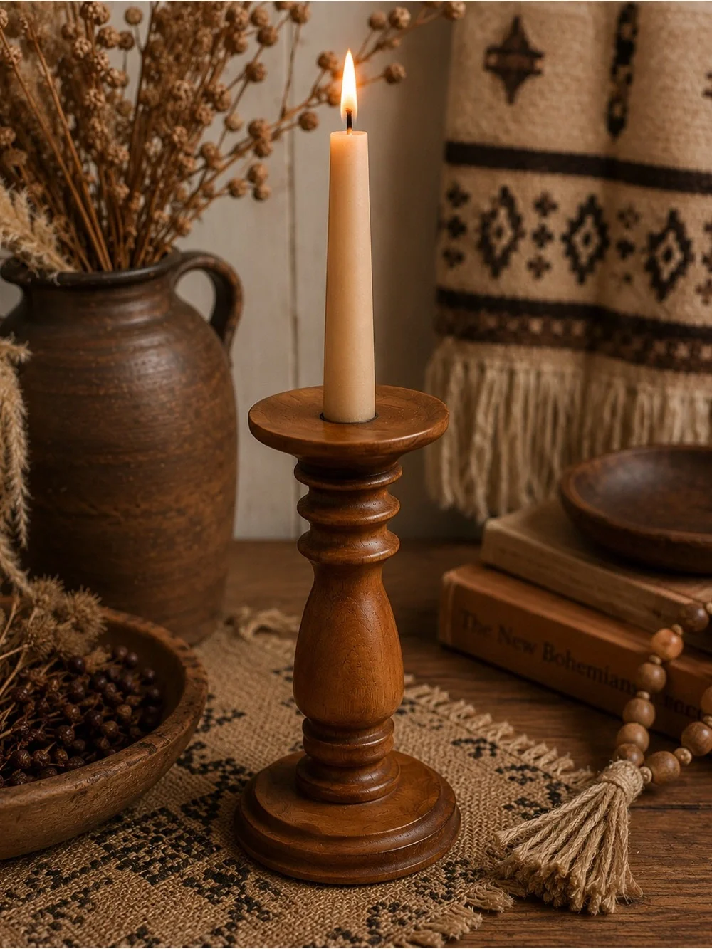 Vintage Turned Wood Chamberstick Candle Holder Rustic Primitive Farmhouse Boho